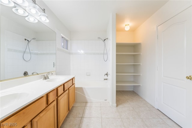 bathroom featuring shower / bathtub combination, a sink, double vanity, and tile patterned floors