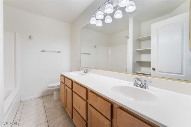 bathroom with toilet, tile patterned flooring, a sink, and double vanity