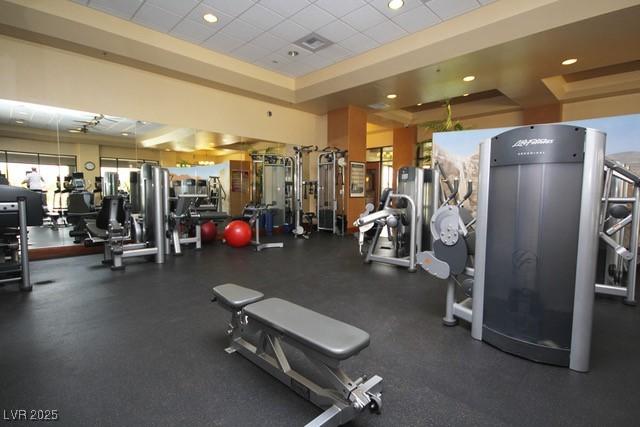 7513 Java Sparrow St, North Las Vegas, NV 89084 - workout area featuring recessed lighting, visible vents, and a raised ceiling