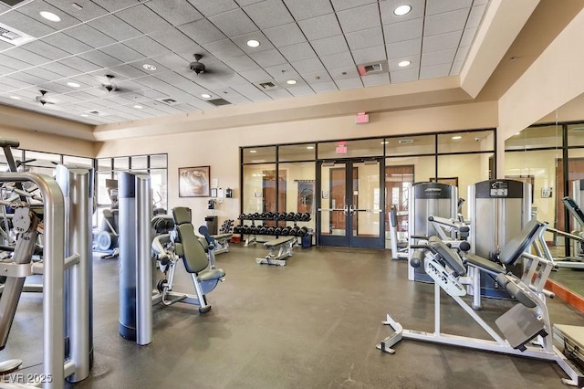 7513 Java Sparrow St, North Las Vegas, NV 89084 - exercise room with recessed lighting, visible vents, a drop ceiling, and french doors