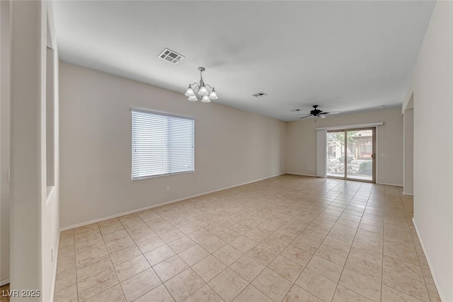 6116 Tokara Ave, Las Vegas, NV 89122 - empty room featuring ceiling fan with notable chandelier, baseboards, visible vents, and light tile patterned flooring