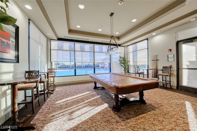 6116 Tokara Ave, Las Vegas, NV 89122 - rec room featuring a tray ceiling, a wealth of natural light, recessed lighting, and billiards