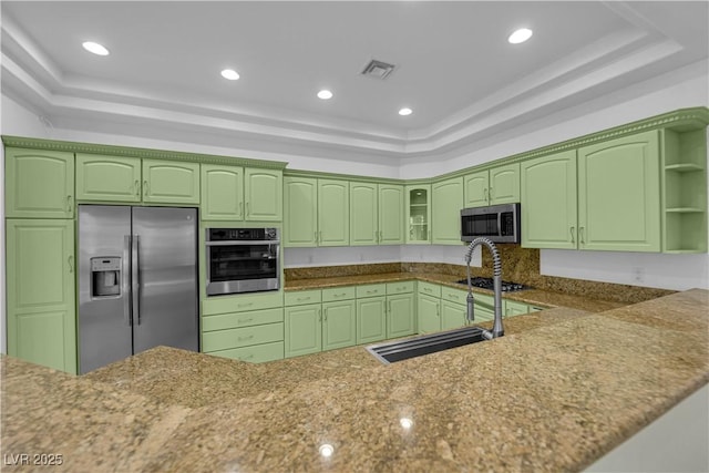 4722 Blue Mesa Way, Las Vegas, NV 89129 - kitchen featuring stainless steel appliances, a tray ceiling, open shelves, a sink, and stone countertops