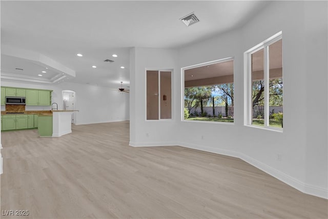 4722 Blue Mesa Way, Las Vegas, NV 89129 - unfurnished living room with baseboards, recessed lighting, light wood-style flooring, and ceiling fan