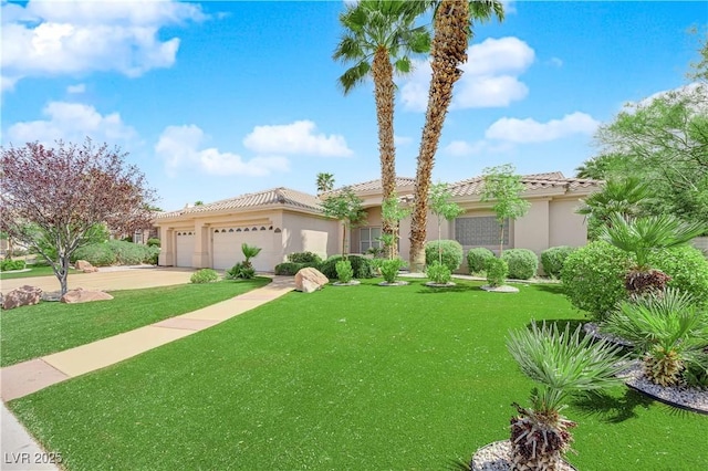 4722 Blue Mesa Way, Las Vegas, NV 89129 - view of front of property with an attached garage, stucco siding, a front lawn, and a tile roof