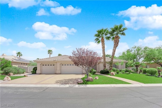 4722 Blue Mesa Way, Las Vegas, NV 89129 - view of front of home with driveway, a garage, stucco siding, a tile roof, and a front yard