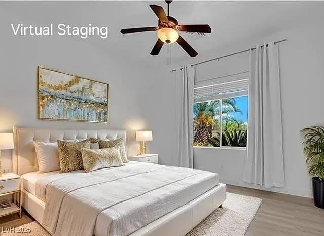 4722 Blue Mesa Way, Las Vegas, NV 89129 - bedroom featuring light wood-style flooring and a ceiling fan