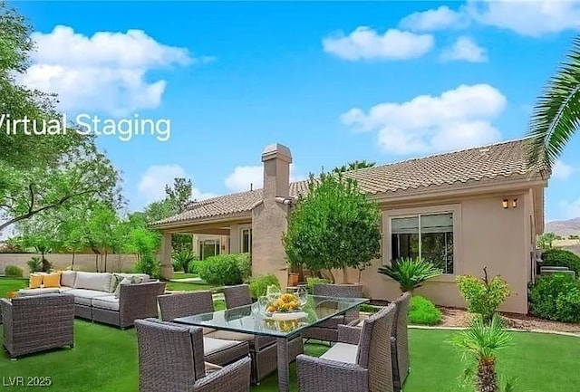 4722 Blue Mesa Way, Las Vegas, NV 89129 - back of property with an outdoor living space, a tile roof, stucco siding, outdoor dining space, and a chimney