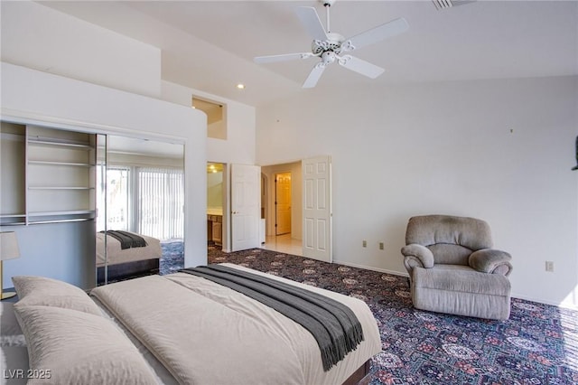 2740 Billy Casper Dr, Las Vegas, NV 89134 - carpeted bedroom with recessed lighting, a closet, high vaulted ceiling, ceiling fan, and baseboards