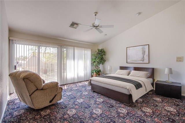 2740 Billy Casper Dr, Las Vegas, NV 89134 - bedroom featuring visible vents, access to exterior, carpet floors, vaulted ceiling, and a ceiling fan