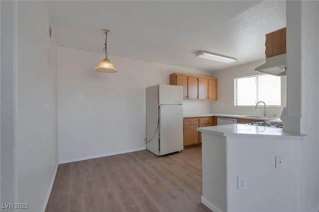 3953 Rebecca Raiter Ave Unit 202, Las Vegas, NV 89110 - kitchen featuring white appliances, light countertops, under cabinet range hood, a sink, and light wood finished floors
