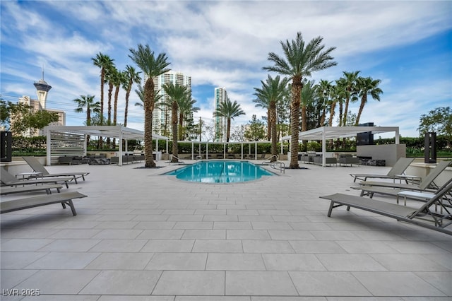 community pool featuring a pergola and a patio area