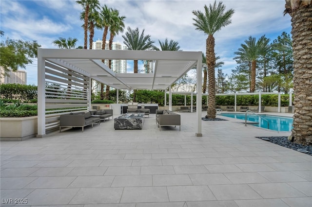 view of patio featuring an outdoor living space, a pergola, and a fenced in pool