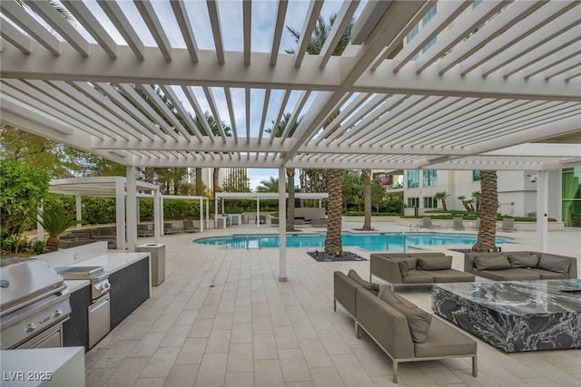 community pool with area for grilling, an outdoor kitchen, a patio area, an outdoor hangout area, and a pergola
