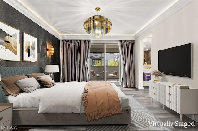 bedroom with baseboards, a notable chandelier, wood finished floors, access to outside, and crown molding