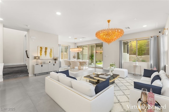 living room featuring recessed lighting, baseboards, visible vents, and stairs