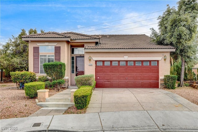 3200 Ridgecliff St, Las Vegas, NV 89129 - view of front facade with a garage, a tile roof, stucco siding, and driveway