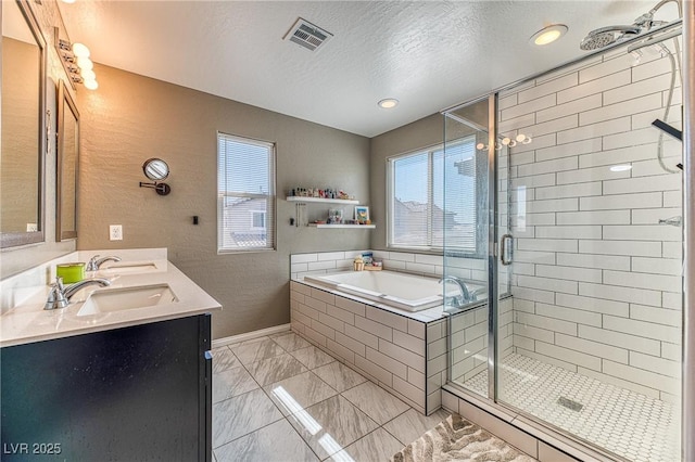 full bathroom with visible vents, baseboards, marble finish floor, a shower stall, and a garden tub
