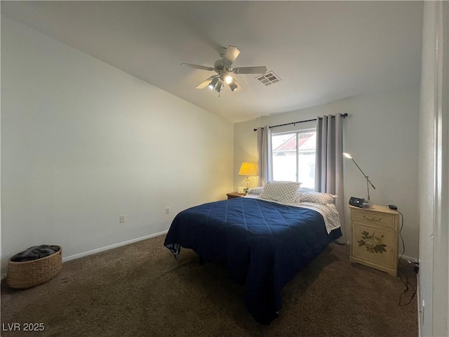 bedroom with carpet, vaulted ceiling, visible vents, baseboards, and ceiling fan