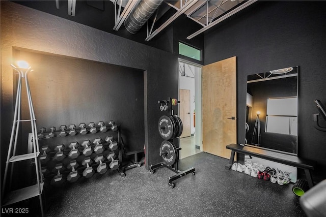 exercise room with a high ceiling
