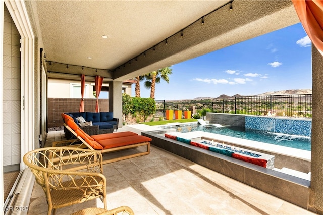 103 Reflection Cove Dr, Henderson, NV 89011 - view of patio featuring outdoor lounge area, a fenced in pool, a hot tub, and a fenced backyard