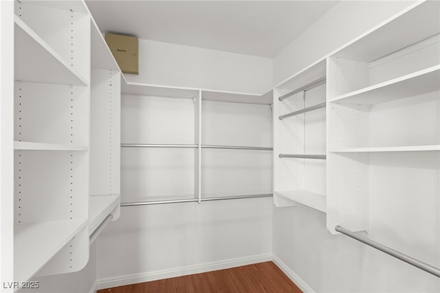 walk in closet with wood finished floors