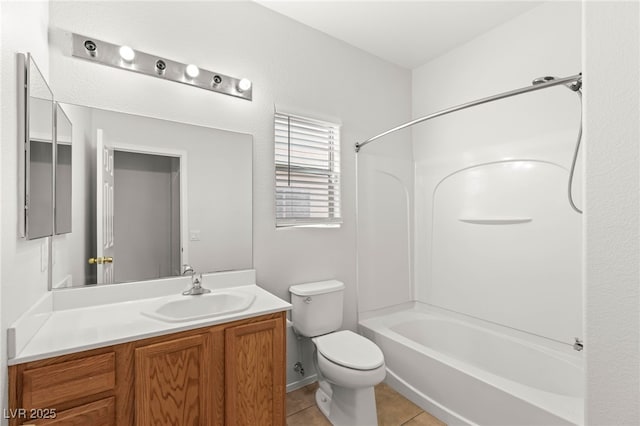 full bath featuring toilet, vanity, shower / tub combination, and tile patterned floors
