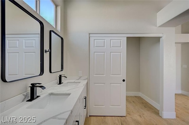 bathroom with baseboards, wood finished floors, a sink, and double vanity