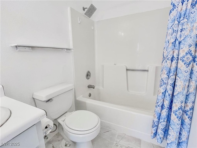 bathroom with shower / bath combo, marble finish floor, vanity, and toilet
