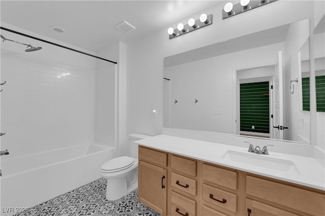 full bathroom with toilet, vanity, tub / shower combination, and tile patterned flooring