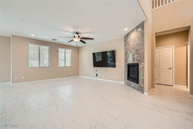 3428 Iron Hagen Ct, Las Vegas, NV 89141 - unfurnished living room with recessed lighting, a tile fireplace, visible vents, and ceiling fan
