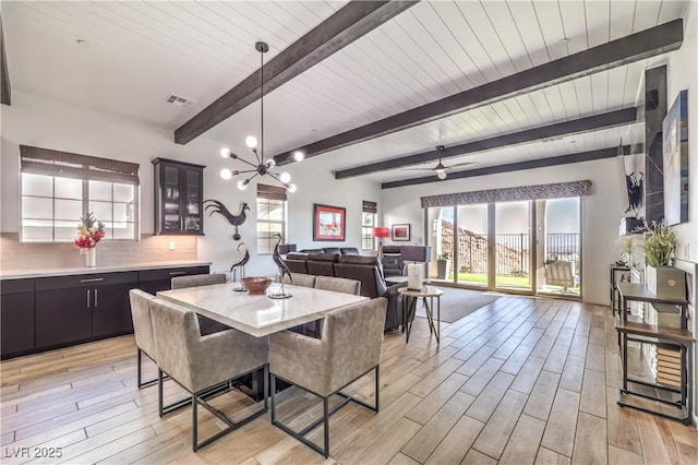 dining area with wood ceiling, beamed ceiling, light wood finished floors, a notable chandelier, and visible vents