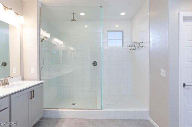 26 Lilla Rosa St, Henderson, NV 89011 - full bath with recessed lighting, a tile shower, tile patterned flooring, and vanity