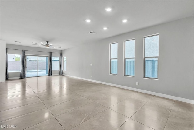 unfurnished room featuring light tile patterned floors, ceiling fan, recessed lighting, and baseboards