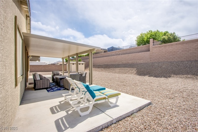 10470 Irish Cliffs Ct, Las Vegas, NV 89149 - view of patio / terrace with an outdoor structure, a shed, an outdoor living space, and a fenced backyard