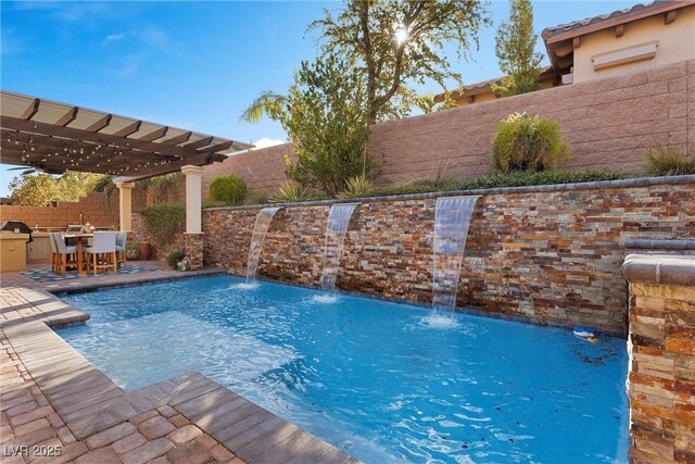 view of pool featuring a pergola, a fenced backyard, outdoor dining area, and a patio