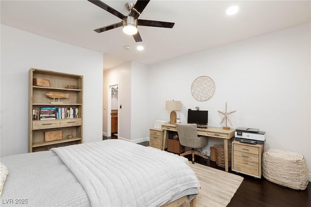 bedroom featuring a spacious closet, ceiling fan, baseboards, dark wood-style floors, and recessed lighting