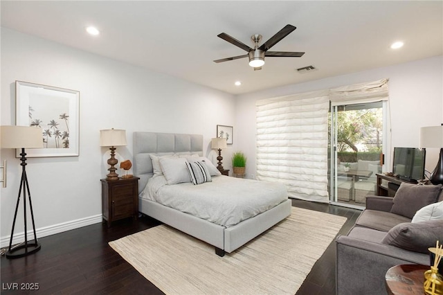 bedroom featuring dark wood finished floors, access to exterior, visible vents, and recessed lighting