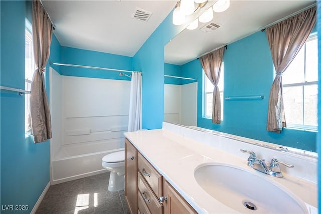 full bathroom with toilet, vanity, visible vents, and baseboards