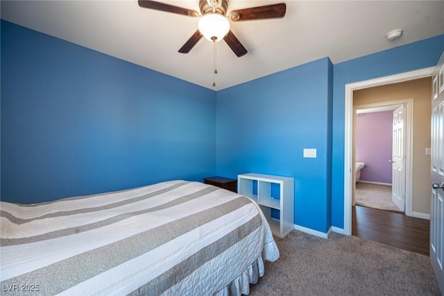 bedroom featuring baseboards, a ceiling fan, and carpet flooring