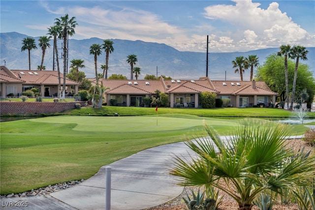 1074 Chaparral Dr, Mesquite, NV 89027 - view of property's community with a mountain view, a yard, a putting green, and view of golf course