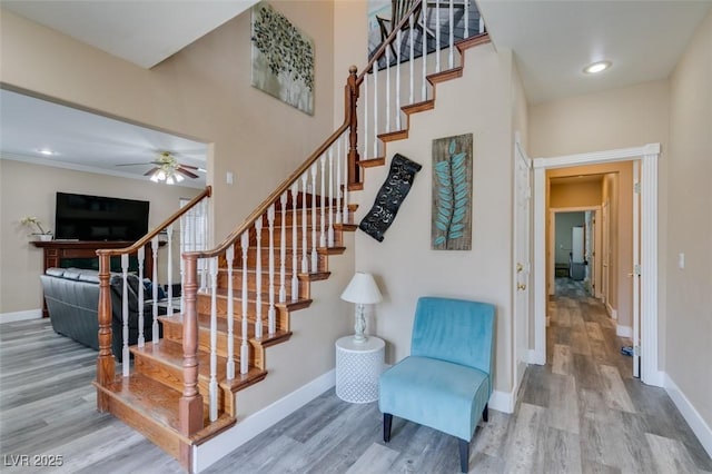 6520 Turtle Hill Rd, Las Vegas, NV 89110 - stairway with baseboards, a ceiling fan, wood finished floors, and recessed lighting
