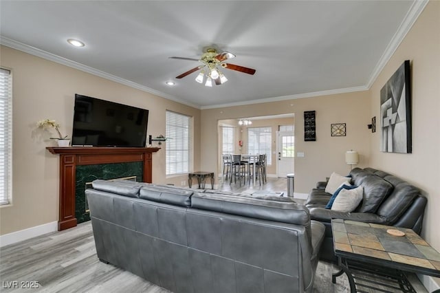 6520 Turtle Hill Rd, Las Vegas, NV 89110 - living area with crown molding, ceiling fan, light wood-style flooring, baseboards, and recessed lighting