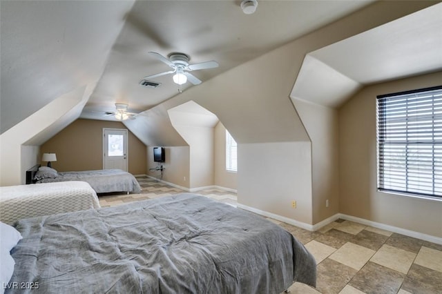 6520 Turtle Hill Rd, Las Vegas, NV 89110 - bedroom featuring lofted ceiling, baseboards, visible vents, and ceiling fan