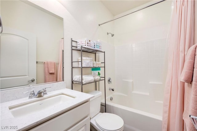 bathroom with toilet, vanity, and shower / bath combination with curtain