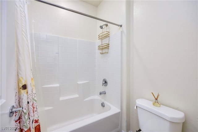 bathroom featuring toilet and shower / bathtub combination with curtain