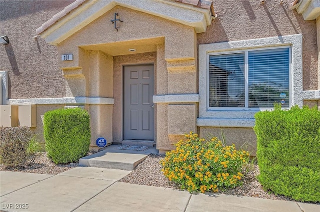 view of exterior entry with stucco siding