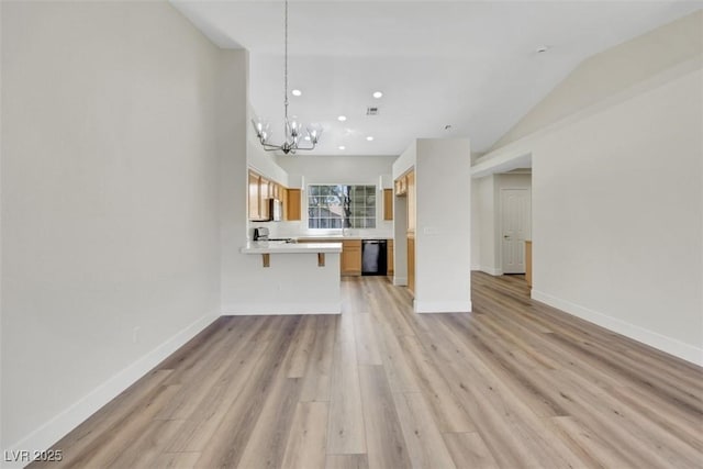 unfurnished living room featuring vaulted ceiling, a chandelier, light wood finished floors, baseboards, and recessed lighting