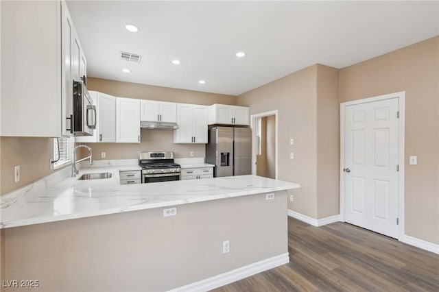 5286 Monterey Park Cir, Las Vegas, NV 89146 - kitchen featuring appliances with stainless steel finishes, a sink, under cabinet range hood, a peninsula, and dark wood-style flooring