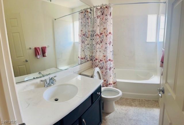 bathroom with toilet, a wealth of natural light, vanity, and shower / bath combination with curtain